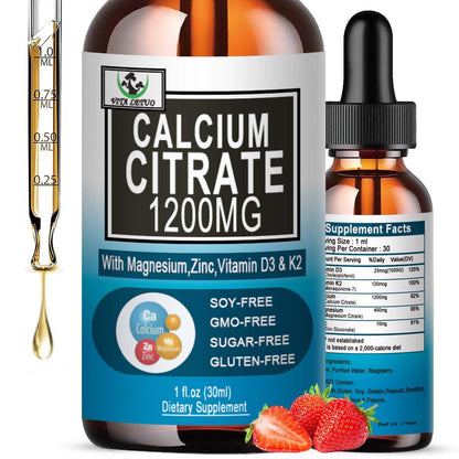 Calcium Citrat Supplement – 1200 mg Calcium mit Vitamin D3 Tropfen für Knochen, Zähne, Darm und Herz-Kreislauf-Gesundheit – Hochabsorbierbares flüssiges Calcium Magnesium Citrat 400 mg plus Zink, Vitamin K2 – Vegan, 30 Portionen