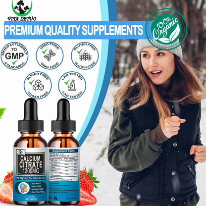 Calcium Citrat Supplement – 1200 mg Calcium mit Vitamin D3 Tropfen für Knochen, Zähne, Darm und Herz-Kreislauf-Gesundheit – Hochabsorbierbares flüssiges Calcium Magnesium Citrat 400 mg plus Zink, Vitamin K2 – Vegan, 30 Portionen