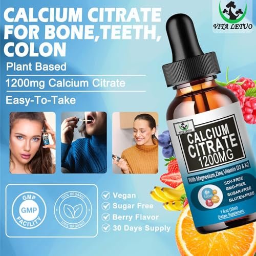 Calcium Citrat Supplement – 1200 mg Calcium mit Vitamin D3 Tropfen für Knochen, Zähne, Darm und Herz-Kreislauf-Gesundheit – Hochabsorbierbares flüssiges Calcium Magnesium Citrat 400 mg plus Zink, Vitamin K2 – Vegan, 30 Portionen