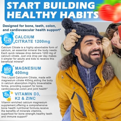 Calcium Citrat Supplement – 1200 mg Calcium mit Vitamin D3 Tropfen für Knochen, Zähne, Darm und Herz-Kreislauf-Gesundheit – Hochabsorbierbares flüssiges Calcium Magnesium Citrat 400 mg plus Zink, Vitamin K2 – Vegan, 30 Portionen