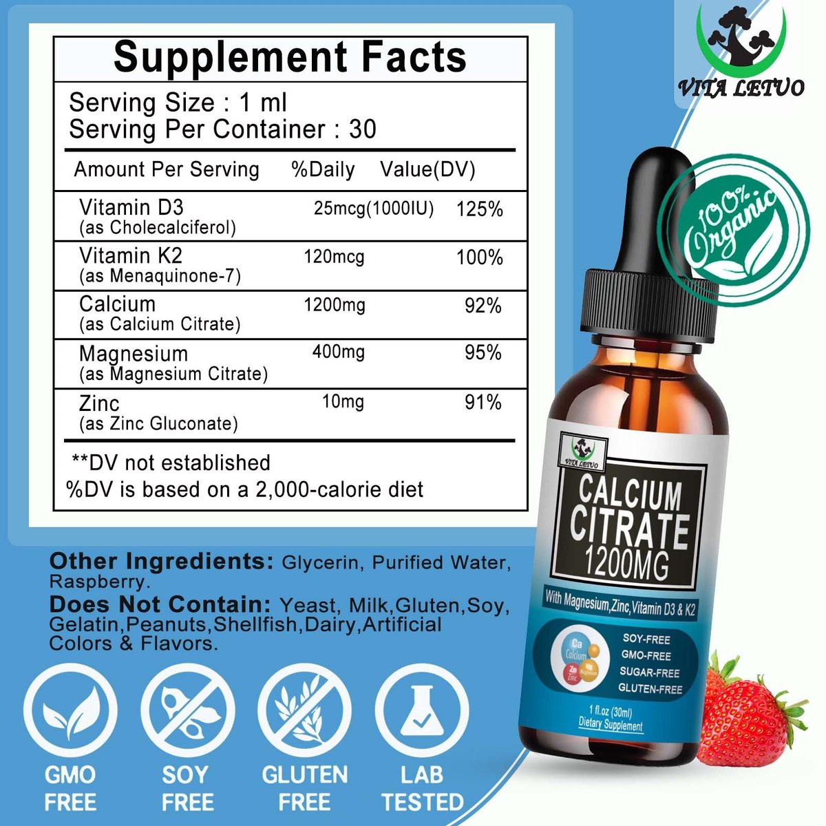 Calcium Citrat Supplement – 1200 mg Calcium mit Vitamin D3 Tropfen für Knochen, Zähne, Darm und Herz-Kreislauf-Gesundheit – Hochabsorbierbares flüssiges Calcium Magnesium Citrat 400 mg plus Zink, Vitamin K2 – Vegan, 30 Portionen