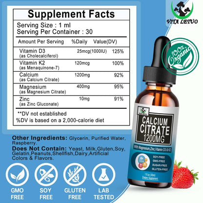 Calcium Citrat Supplement – 1200 mg Calcium mit Vitamin D3 Tropfen für Knochen, Zähne, Darm und Herz-Kreislauf-Gesundheit – Hochabsorbierbares flüssiges Calcium Magnesium Citrat 400 mg plus Zink, Vitamin K2 – Vegan, 30 Portionen