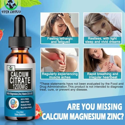 Calcium Citrat Supplement – 1200 mg Calcium mit Vitamin D3 Tropfen für Knochen, Zähne, Darm und Herz-Kreislauf-Gesundheit – Hochabsorbierbares flüssiges Calcium Magnesium Citrat 400 mg plus Zink, Vitamin K2 – Vegan, 30 Portionen