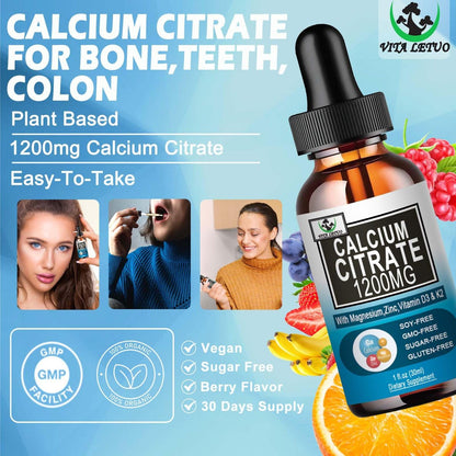 Calcium Citrat Supplement – 1200 mg Calcium mit Vitamin D3 Tropfen für Knochen, Zähne, Darm und Herz-Kreislauf-Gesundheit – Hochabsorbierbares flüssiges Calcium Magnesium Citrat 400 mg plus Zink, Vitamin K2 – Vegan, 30 Portionen