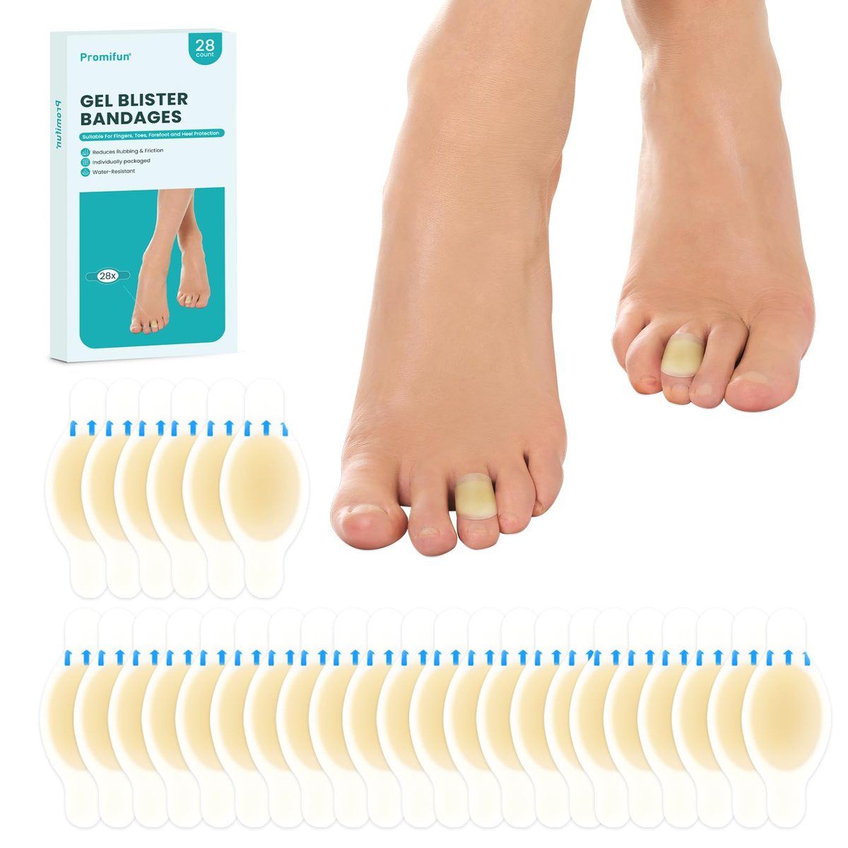 Promifun Blasenpflaster Hydrokolloid-Pflaster – 28 Stück wasserresistente Gel-Pflaster für Ferse, Zeh, Fuß – zur Vorbeugung und Heilung