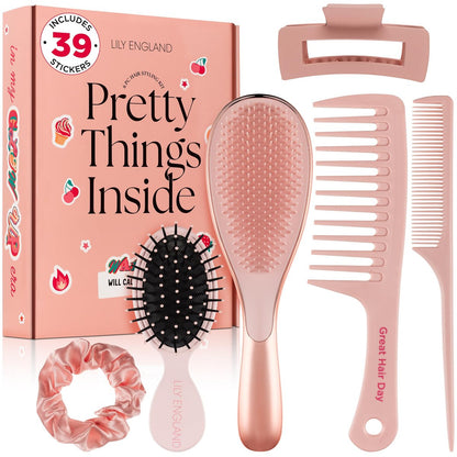 6-teiliges Haarbürsten-Set mit Bürsten und Kämmen – Entwirrbürste für alle Haartypen mit Stielkamm und Rattschwanzkamm, Scrunchies und Klammern – Haarpflege-Geschenkset mit Stickern für Teenager, Frauen und Kinder