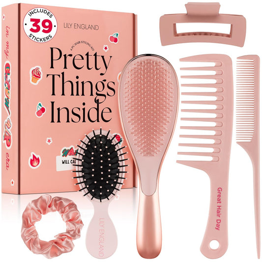 6-teiliges Haarbürsten-Set mit Bürsten und Kämmen – Entwirrbürste für alle Haartypen mit Stielkamm und Rattschwanzkamm, Scrunchies und Klammern – Haarpflege-Geschenkset mit Stickern für Teenager, Frauen und Kinder