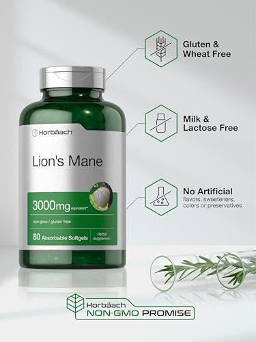 Horbäach Löwenmähne Nahrungsergänzungsmittel | 80 absorbierbare Softgels | Nicht-GVO & Glutenfreier Extrakt
