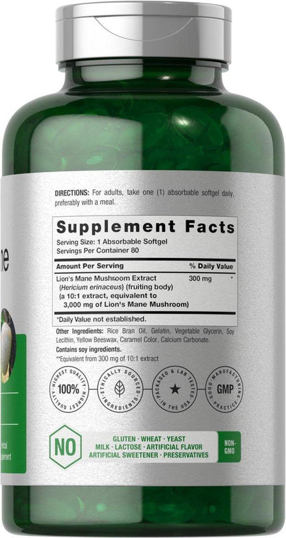 Horbäach Löwenmähne Nahrungsergänzungsmittel | 80 absorbierbare Softgels | Nicht-GVO & Glutenfreier Extrakt