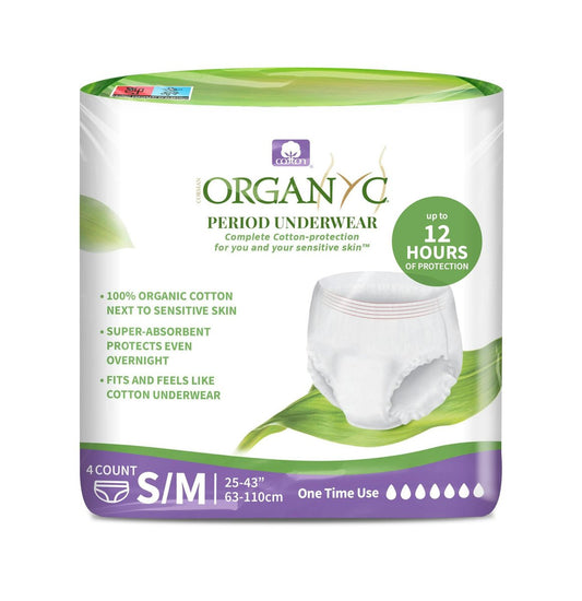 Organyc – Zertifizierte Bio-Baumwoll-Einweg-Menstruationsunterwäsche für empfindliche Haut, super saugfähig für den ganzen Tag oder über Nacht, S/M, 4 Stück