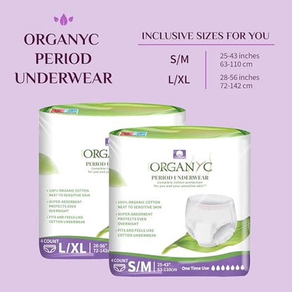 Organyc – Zertifizierte Bio-Baumwoll-Einweg-Menstruationsunterwäsche für empfindliche Haut, super saugfähig für den ganzen Tag oder über Nacht, S/M, 4 Stück