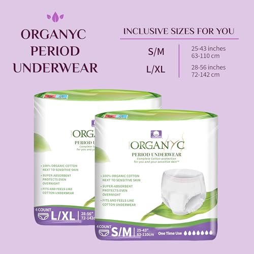 Organyc – Zertifizierte Bio-Baumwoll-Einweg-Menstruationsunterwäsche für empfindliche Haut, super saugfähig für den ganzen Tag oder über Nacht, S/M, 4 Stück
