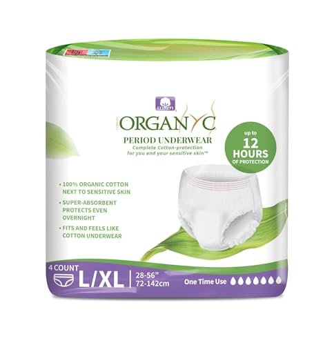 Organyc zertifizierte Bio-Baumwoll-Einweg-Periodenunterwäsche für empfindliche Haut, 12 Stunden vollständiger Schutz, Größe L/XL, 4 Stück