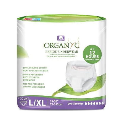 Organyc zertifizierte Bio-Baumwoll-Einweg-Periodenunterwäsche für empfindliche Haut, 12 Stunden vollständiger Schutz, Größe L/XL, 4 Stück