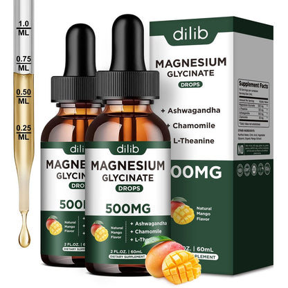 dilib Magnesium Glycinat Flüssig Tropfen – 500 mg Magnesium Glycinat mit Ashwagandha, L-Theanin & Kamille – Unterstützt Stressabbau, Knochen, Muskeln & Stimmung – Mango Geschmack – 2er Pack (2x 60 ml)
