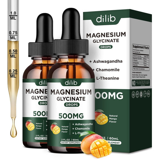 dilib Magnesium Glycinat Flüssig Tropfen – 500 mg Magnesium Glycinat mit Ashwagandha, L-Theanin & Kamille – Unterstützt Stressabbau, Knochen, Muskeln & Stimmung – Mango Geschmack – 2er Pack (2x 60 ml)