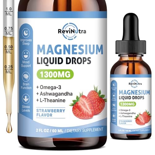 ReviNutra Triple Magnesium Complex Liquid Drops, 1300mg Magnesium Glycinat, Taurat & Citrat mit Omega3, L-Theanin, Ashwagandha, Kalium, D3, B6, B12 für Ruhe, Schlaf, Muskeln, Erdbeergeschmack, 60 ml