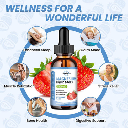 ReviNutra Triple Magnesium Complex Liquid Drops, 1300mg Magnesium Glycinat, Taurat & Citrat mit Omega3, L-Theanin, Ashwagandha, Kalium, D3, B6, B12 für Ruhe, Schlaf, Muskeln, Erdbeergeschmack, 60 ml