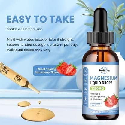ReviNutra Triple Magnesium Complex Liquid Drops, 1300mg Magnesium Glycinat, Taurat & Citrat mit Omega3, L-Theanin, Ashwagandha, Kalium, D3, B6, B12 für Ruhe, Schlaf, Muskeln, Erdbeergeschmack, 60 ml