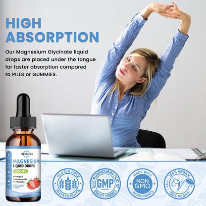 ReviNutra Triple Magnesium Complex Liquid Drops, 1300mg Magnesium Glycinat, Taurat & Citrat mit Omega3, L-Theanin, Ashwagandha, Kalium, D3, B6, B12 für Ruhe, Schlaf, Muskeln, Erdbeergeschmack, 60 ml