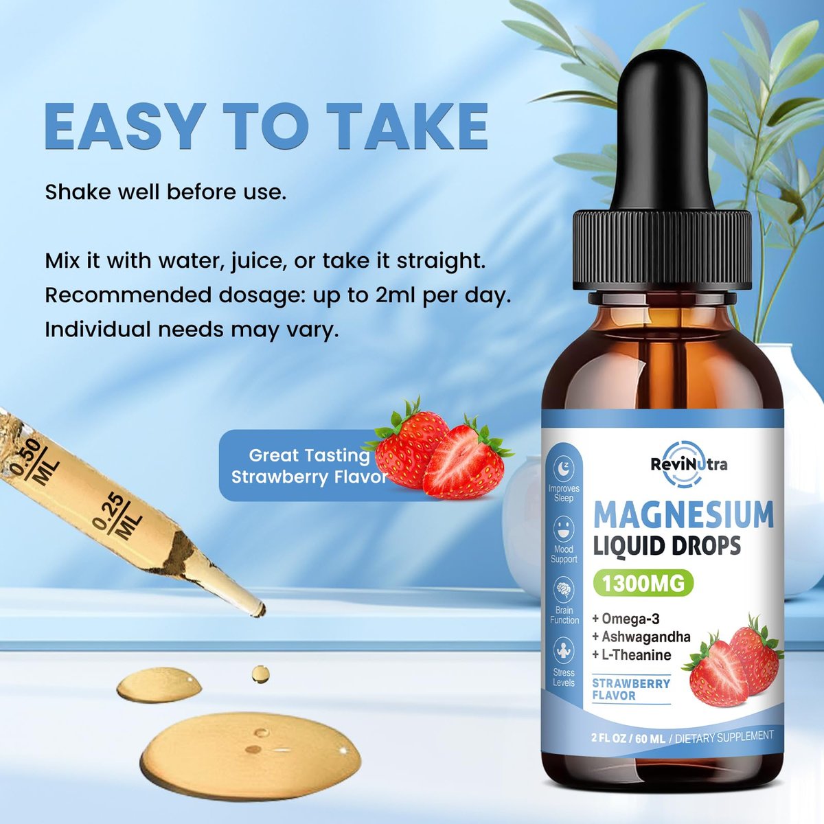 ReviNutra Triple Magnesium Complex Liquid Drops, 1300mg Magnesium Glycinat, Taurat & Citrat mit Omega3, L-Theanin, Ashwagandha, Kalium, D3, B6, B12 für Ruhe, Schlaf, Muskeln, Erdbeergeschmack, 60 ml
