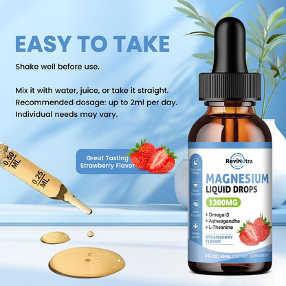 ReviNutra Triple Magnesium Complex Liquid Drops, 1300mg Magnesium Glycinat, Taurat & Citrat mit Omega3, L-Theanin, Ashwagandha, Kalium, D3, B6, B12 für Ruhe, Schlaf, Muskeln, Erdbeergeschmack, 60 ml