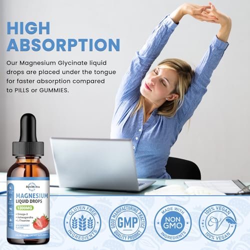 ReviNutra Triple Magnesium Complex Liquid Drops, 1300mg Magnesium Glycinat, Taurat & Citrat mit Omega3, L-Theanin, Ashwagandha, Kalium, D3, B6, B12 für Ruhe, Schlaf, Muskeln, Erdbeergeschmack, 60 ml