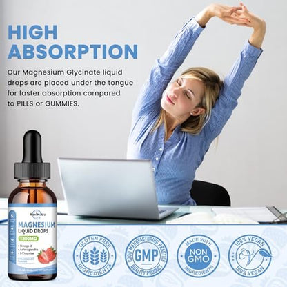 ReviNutra Triple Magnesium Complex Liquid Drops, 1300mg Magnesium Glycinat, Taurat & Citrat mit Omega3, L-Theanin, Ashwagandha, Kalium, D3, B6, B12 für Ruhe, Schlaf, Muskeln, Erdbeergeschmack, 60 ml
