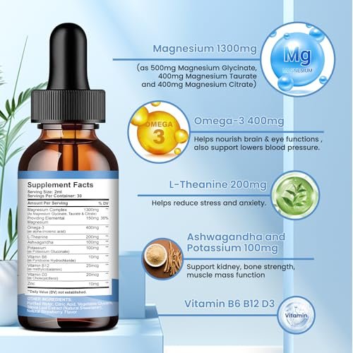 ReviNutra Triple Magnesium Complex Liquid Drops, 1300mg Magnesium Glycinat, Taurat & Citrat mit Omega3, L-Theanin, Ashwagandha, Kalium, D3, B6, B12 für Ruhe, Schlaf, Muskeln, Erdbeergeschmack, 60 ml