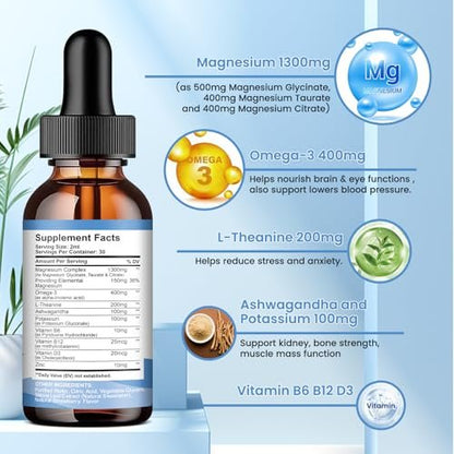 ReviNutra Triple Magnesium Complex Liquid Drops, 1300mg Magnesium Glycinat, Taurat & Citrat mit Omega3, L-Theanin, Ashwagandha, Kalium, D3, B6, B12 für Ruhe, Schlaf, Muskeln, Erdbeergeschmack, 60 ml