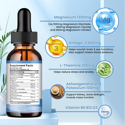 ReviNutra Triple Magnesium Complex Liquid Drops, 1300mg Magnesium Glycinat, Taurat & Citrat mit Omega3, L-Theanin, Ashwagandha, Kalium, D3, B6, B12 für Ruhe, Schlaf, Muskeln, Erdbeergeschmack, 60 ml