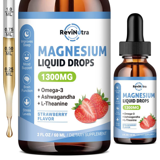 ReviNutra Triple Magnesium Complex Liquid Drops, 1300mg Magnesium Glycinat, Taurat & Citrat mit Omega3, L-Theanin, Ashwagandha, Kalium, D3, B6, B12 für Ruhe, Schlaf, Muskeln, Erdbeergeschmack, 60 ml