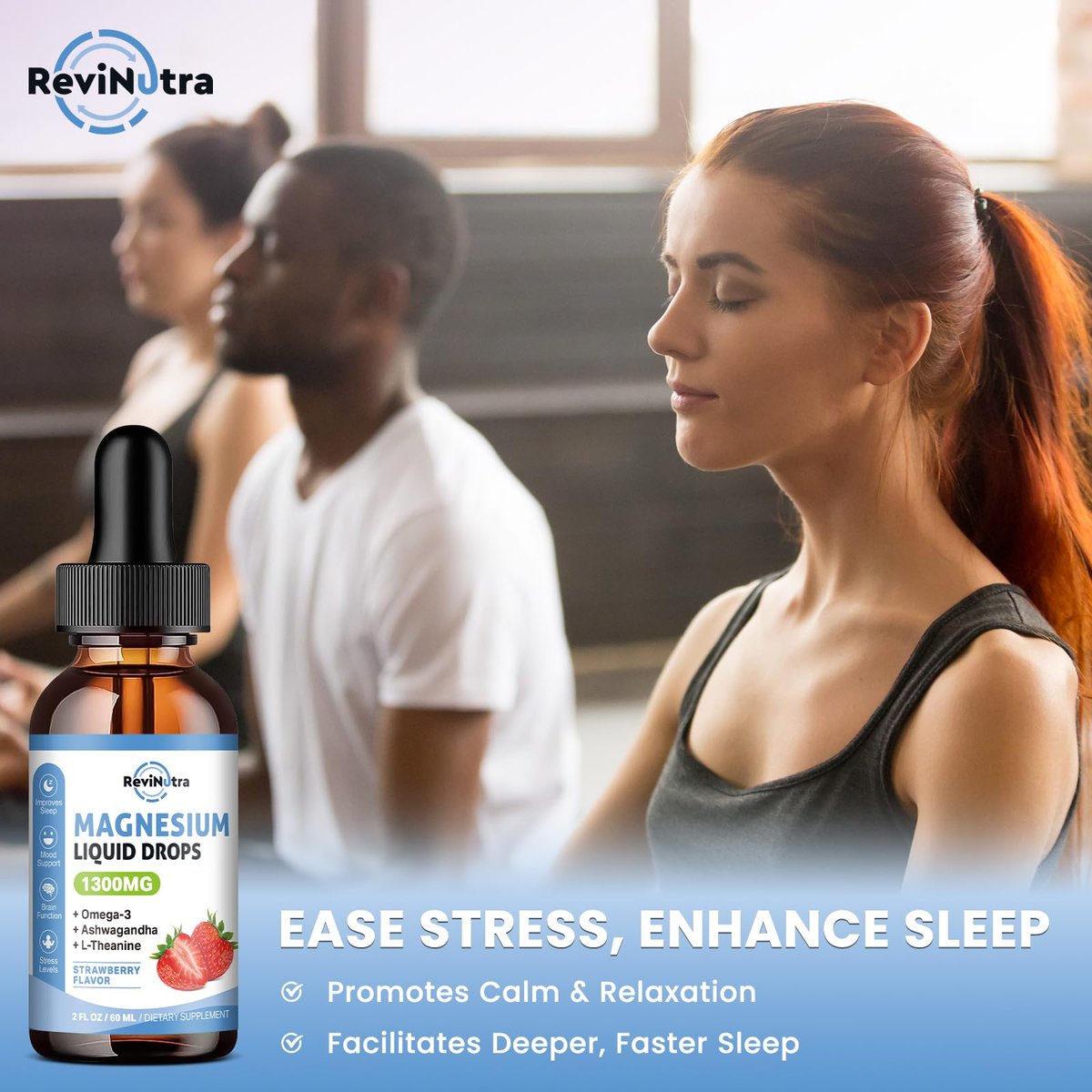 ReviNutra Triple Magnesium Complex Liquid Drops, 1300mg Magnesium Glycinat, Taurat & Citrat mit Omega3, L-Theanin, Ashwagandha, Kalium, D3, B6, B12 für Ruhe, Schlaf, Muskeln, Erdbeergeschmack, 60 ml
