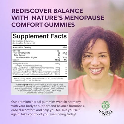 Natures Craft Frauen Menopause Gummis mit Dong Quai & Ashwagandha – 60 Stück – Unterstützung bei Hitzewallungen, Nachtschweiß & Stimmungsschwankungen – Prä & Post Menopause Vitamine