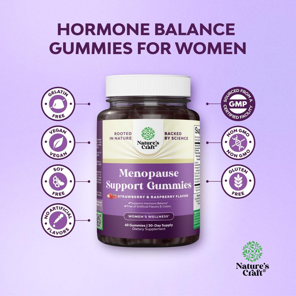 Natures Craft Frauen Menopause Gummis mit Dong Quai & Ashwagandha – 60 Stück – Unterstützung bei Hitzewallungen, Nachtschweiß & Stimmungsschwankungen – Prä & Post Menopause Vitamine