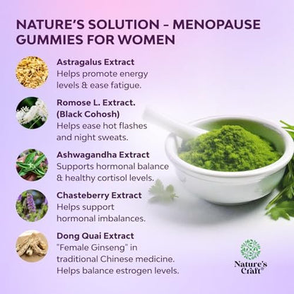 Natures Craft Frauen Menopause Gummis mit Dong Quai & Ashwagandha – 60 Stück – Unterstützung bei Hitzewallungen, Nachtschweiß & Stimmungsschwankungen – Prä & Post Menopause Vitamine