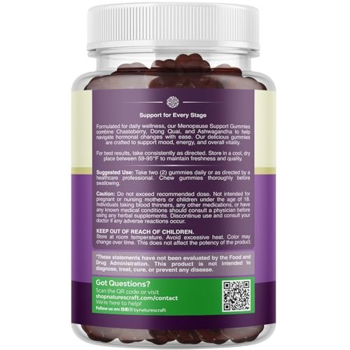 Natures Craft Frauen Menopause Gummis mit Dong Quai & Ashwagandha – 60 Stück – Unterstützung bei Hitzewallungen, Nachtschweiß & Stimmungsschwankungen – Prä & Post Menopause Vitamine