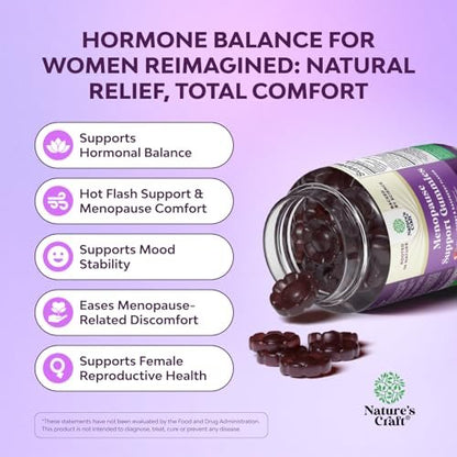 Natures Craft Frauen Menopause Gummis mit Dong Quai & Ashwagandha – 60 Stück – Unterstützung bei Hitzewallungen, Nachtschweiß & Stimmungsschwankungen – Prä & Post Menopause Vitamine