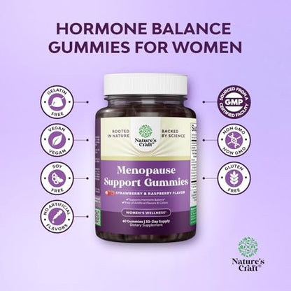 Natures Craft Frauen Menopause Gummis mit Dong Quai & Ashwagandha – 60 Stück – Unterstützung bei Hitzewallungen, Nachtschweiß & Stimmungsschwankungen – Prä & Post Menopause Vitamine