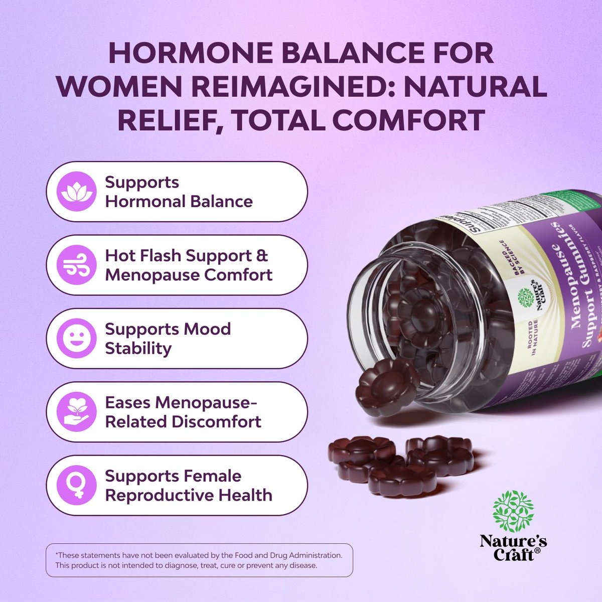 Natures Craft Frauen Menopause Gummis mit Dong Quai & Ashwagandha – 60 Stück – Unterstützung bei Hitzewallungen, Nachtschweiß & Stimmungsschwankungen – Prä & Post Menopause Vitamine