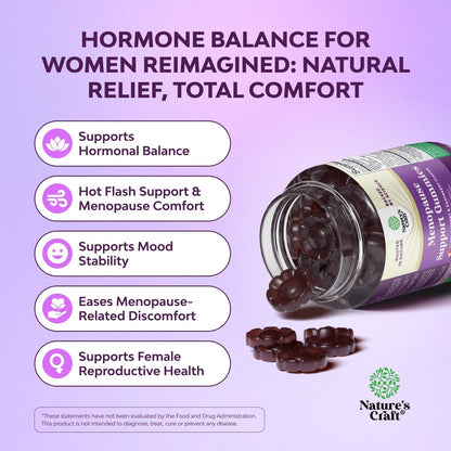 Natures Craft Frauen Menopause Gummis mit Dong Quai & Ashwagandha – 60 Stück – Unterstützung bei Hitzewallungen, Nachtschweiß & Stimmungsschwankungen – Prä & Post Menopause Vitamine