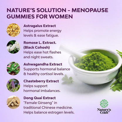 Natures Craft Frauen Menopause Gummis mit Dong Quai & Ashwagandha – 60 Stück – Unterstützung bei Hitzewallungen, Nachtschweiß & Stimmungsschwankungen – Prä & Post Menopause Vitamine