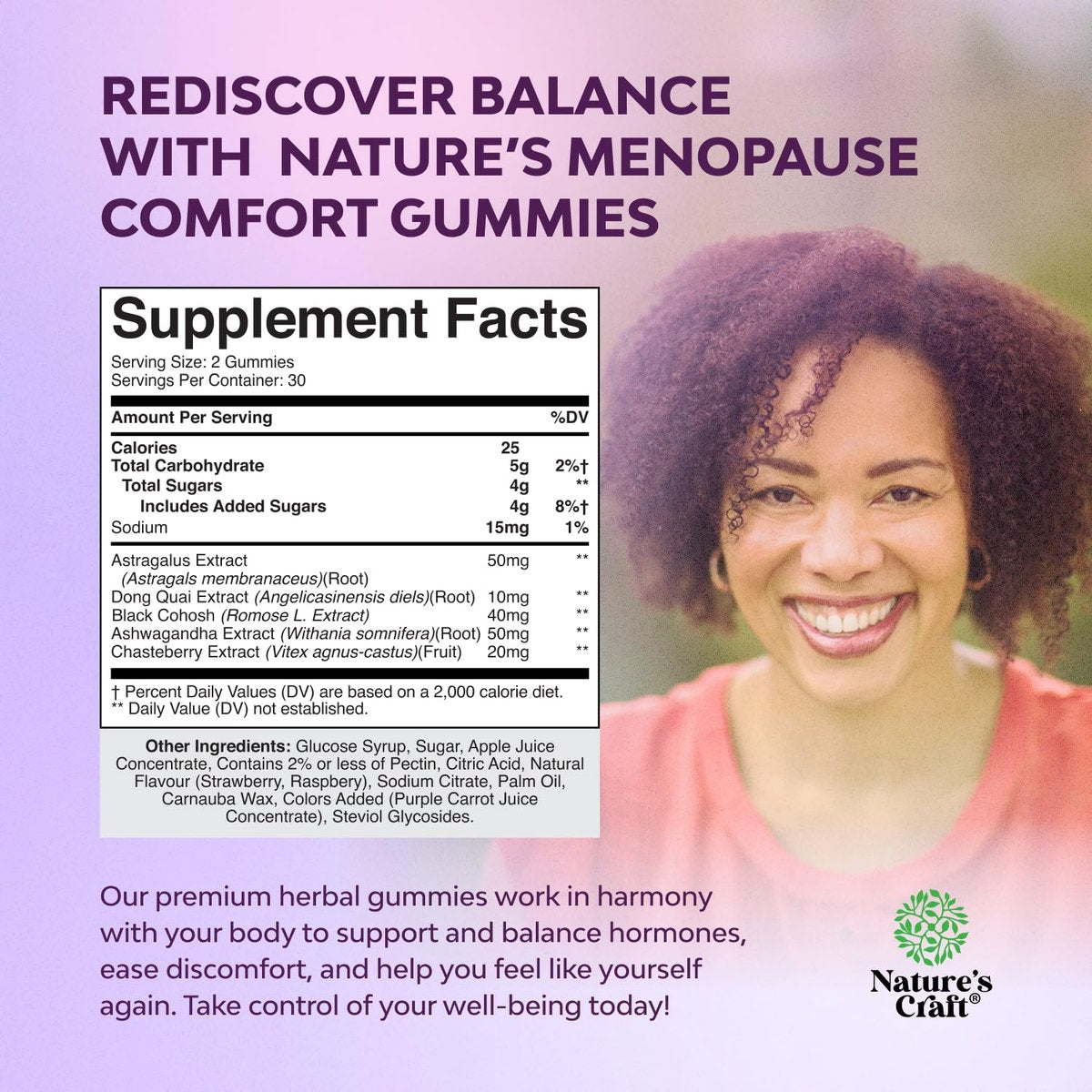 Natures Craft Frauen Menopause Gummis mit Dong Quai & Ashwagandha – 60 Stück – Unterstützung bei Hitzewallungen, Nachtschweiß & Stimmungsschwankungen – Prä & Post Menopause Vitamine