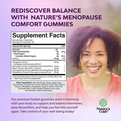 Natures Craft Frauen Menopause Gummis mit Dong Quai & Ashwagandha – 60 Stück – Unterstützung bei Hitzewallungen, Nachtschweiß & Stimmungsschwankungen – Prä & Post Menopause Vitamine