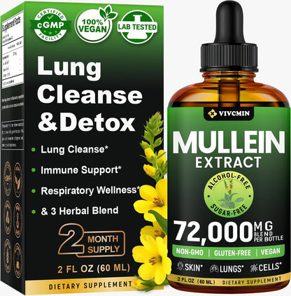 Vivcmin Königskerzen-Tropfen für die Lunge mit Süßholz & Astragalus – Atemwegs- & Immununterstützung, Lungendetox für Raucher, Königskerzenblätter-Extrakt zur Lungenreinigung, Zucker- & Alkoholfrei, 60 ml