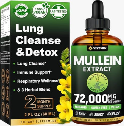 Vivcmin Königskerzen-Tropfen für die Lunge mit Süßholz & Astragalus – Atemwegs- & Immununterstützung, Lungendetox für Raucher, Königskerzenblätter-Extrakt zur Lungenreinigung, Zucker- & Alkoholfrei, 60 ml