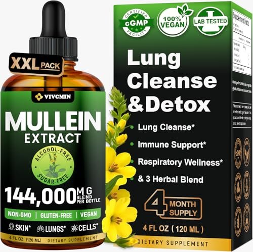 vivcmin Königskerzentropfen für die Lunge – 120 Portionen – Atemwegs- und Immununterstützung – Lungendetox für Raucher – Königskerzenblattextrakt zur Lungenreinigung – 118 ml