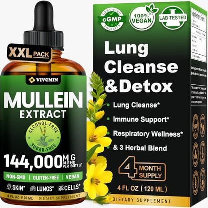 vivcmin Königskerzentropfen für die Lunge – 120 Portionen – Atemwegs- und Immununterstützung – Lungendetox für Raucher – Königskerzenblattextrakt zur Lungenreinigung – 118 ml