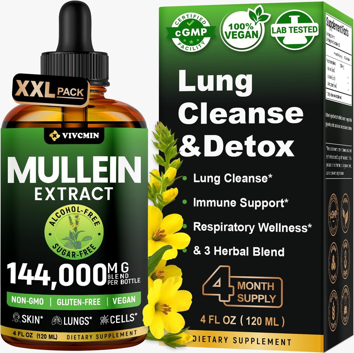 vivcmin Königskerzentropfen für die Lunge – 120 Portionen – Atemwegs- und Immununterstützung – Lungendetox für Raucher – Königskerzenblattextrakt zur Lungenreinigung – 118 ml