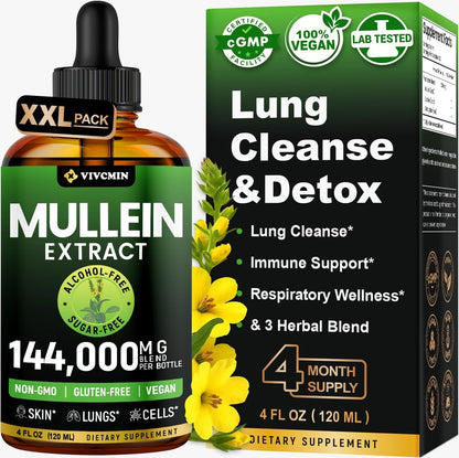 vivcmin Königskerzentropfen für die Lunge – 120 Portionen – Atemwegs- und Immununterstützung – Lungendetox für Raucher – Königskerzenblattextrakt zur Lungenreinigung – 118 ml
